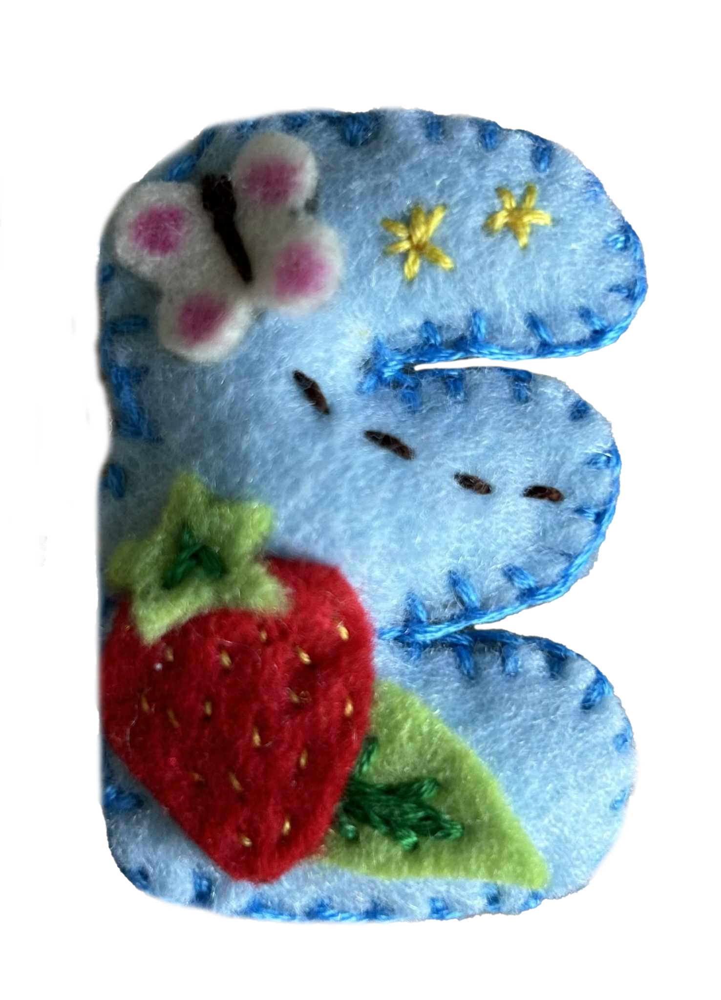 Chunky blue fabric letter E decorated with a strawberry, leaves, a white butterfly, and embroidered stars.